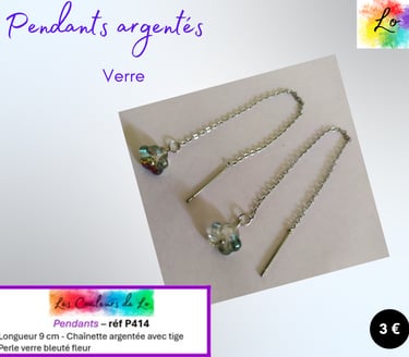 Pendants chaînette argentée fleur verre nacré Les Couleurs de Lo