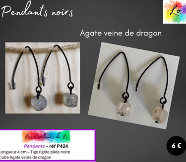 Boucles pendants noirs tige rigide Agate veine de dragon Les Couleurs de Lo