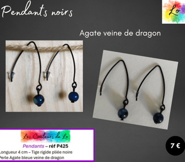 Boucles pendants noirs tige rigide Agate bleue veine de dragon Les Couleurs de Lo
