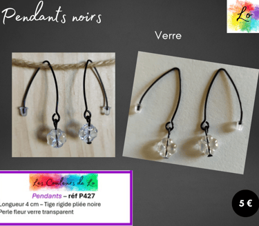 Boucles pendants noirs tige rigide fleur verre transparent Les Couleurs de Lo