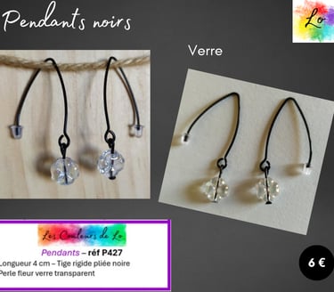 Boucles pendants tige pliée noire fleur verre transparent Les Couleurs de Lo