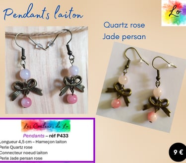 Boucles pendants laiton Quartz rose nœud laiton Jade persan rose Les Couleurs de Lo