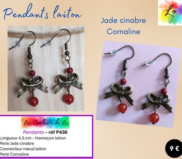 Boucles pendants laiton Jade cinabre nœud laiton Cornaline Les Couleurs de Lo