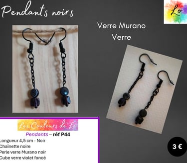 Boucles pendants noirs chaînette verre Murano noir verre noir Les Couleurs de Lo