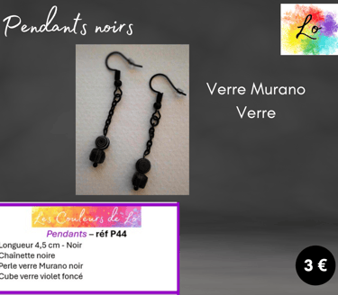 Pendants noirs chaînette verre Murano noir cube verre violet Les Couleurs de Lo