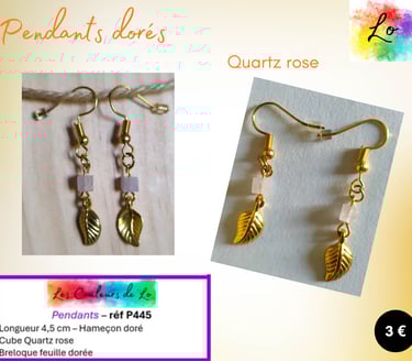Boucles pendants dorés Quartz rose feuille dorée Les Couleurs de Lo