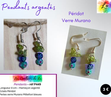 Boucles pendants argentés Péridot verre Murano bleu Les Couleurs de Lo