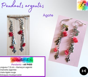 Boucles pendants argentés Agate rouge breloques musique Les Couleurs de Lo