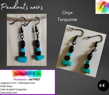 Boucles pendants noirs Obsidienne Turquoise Les Couleurs de Lo