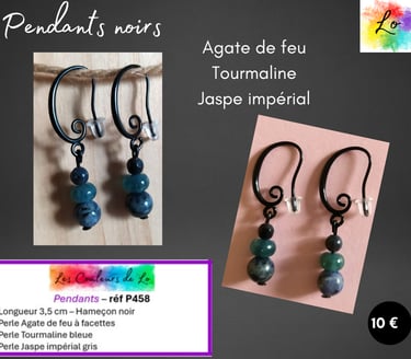 Boucles pendants noirs Agate de feu Tourmaline Jaspe impérial Les Couleurs de Lo
