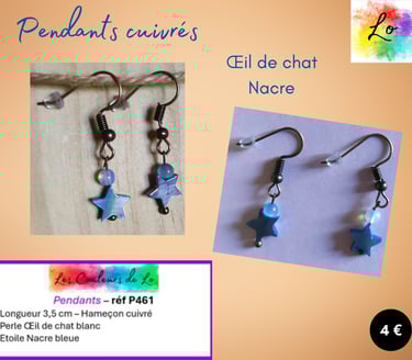 Boucles pendants cuivrés Œil de chat blanc étoile Nacre bleue Les Couleurs de Lo