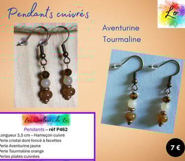 oucles pendants cuivrés Aventurine jaune Tourmaline orange Les Couleurs de Lo