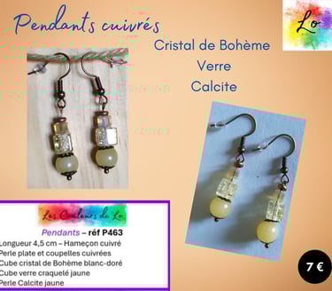 Boucles pendants cuivrés cristal verre craquelé jaune Calcite jaune Les Couleurs de Lo