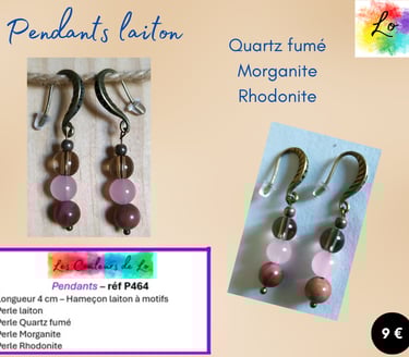 Boucles pendants laiton Quartz fumé Morganite Rhodonite Les Couleurs de Lo