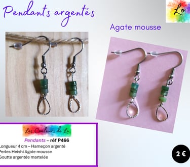 Boucles pendants argentés Agate mousse goutte métal martelé Les Couleurs de Lo