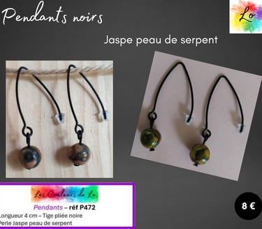 Boucles pendants tige pliée noire Jaspe peau de serpent Les Couleurs de Lo