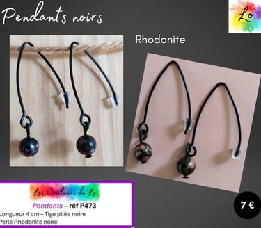Boucles pendants tige pliée noire Rhodonite Les Couleurs de Lo