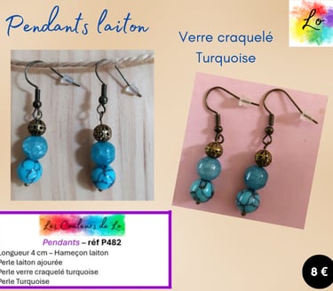 Boucles pendants laiton verre craquelé Turquoise Les Couleurs de Lo