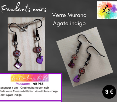 Pendants noirs Verre Murano Millefiori Agate indigo Les Couleurs de Lo