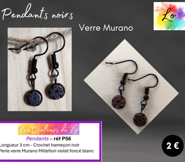 Pendants noirs verre Murano Millefiori violet Les Couleurs de Lo