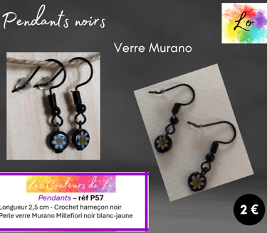 Pendants noirs verre Murano Millefiori  noir Les Couleurs de Lo