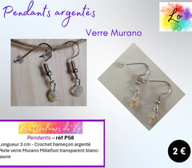 Pendants argentés verre Murano blanc Les Couleurs de Lo