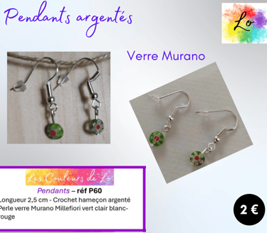 Pendants argentés verre Murano Millefiori vert Les Couleurs de Lo