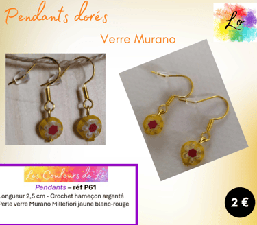 Pendants argentés verre Murano Millefiori jaune Les Couleurs de Lo