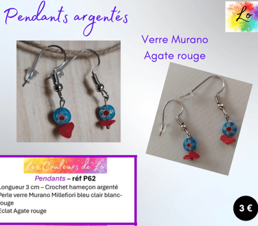 Boucles pendants argentés verre Murano Millefiori Agate rouge Les Couleurs de Lo