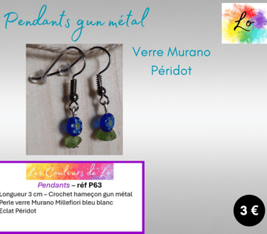 Pendants gun métal verre Murano Millefiori bleu Péridot Les Couleurs de Lo