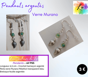 Pendants argentés verre Murano Millefiori feuille métal Les Couleurs de Lo