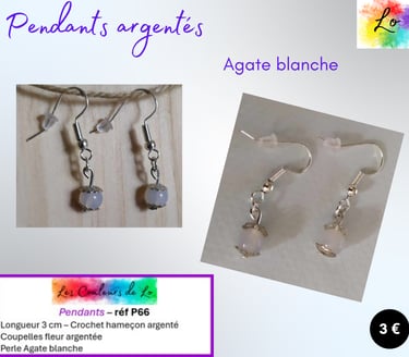 Boucles pendants argentés Agate blanche Les Couleurs de Lo