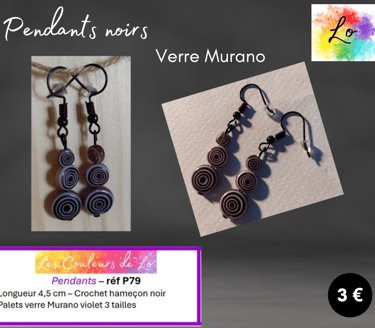 Pendants noirs verre Murano violet Les Couleurs de Lo
