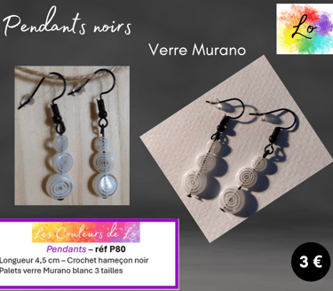 Pendants noirs verre Murano blanc Les Couleurs de Lo