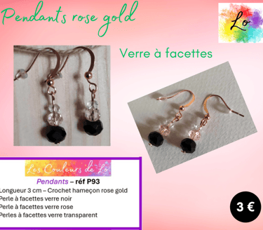 Pendants rose gold verre à facettes transparent et noir Les Couleurs de Lo