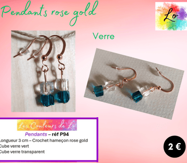 Pendants rose gold cubes verre transparent et vert Les Couleurs de Lo