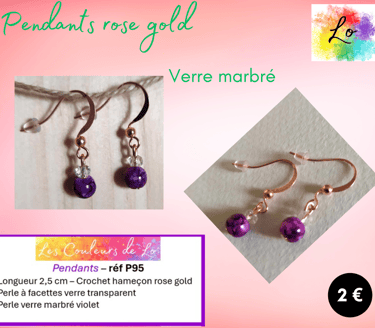 Pendants rose gold verre marbré transparent et violet Les Couleurs de Lo
