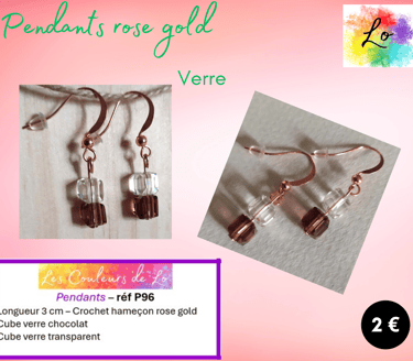 Pendants rose gold cubes verre transparent et chocolat Les Couleurs de Lo