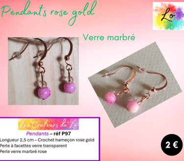 Pendants rose gold verre marbré transparent et rose Les Couleurs de Lo