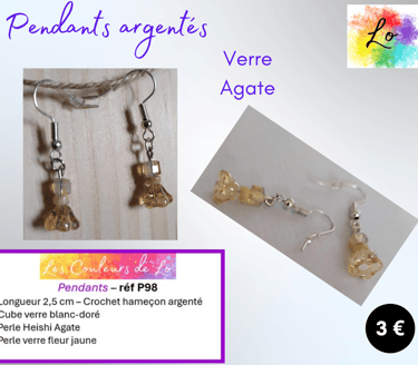 Pendants argentés Agate fleur verre nacré jaune Les Couleurs de Lo