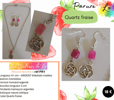 Parure argentée Quartz fraise nœud celtique Les Couleurs de Lo