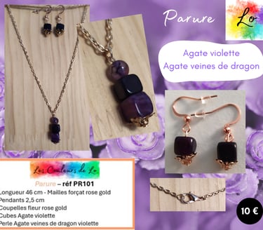 Parure rose gold Agate violette Agate veines de dragon Les Couleurs de Lo
