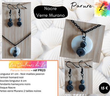 Parure noire disque Nacre verre Murano noir Les Couleurs de Lo