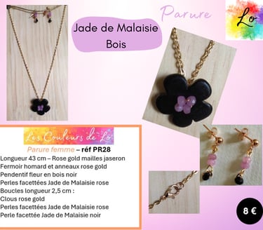 Parure rose gold fleur bois noir Jade de Malaisie rose Les Couleurs de Lo