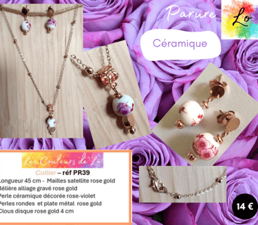 Parure rose gold céramique décorée violet perles acier Les Couleurs de Lo
