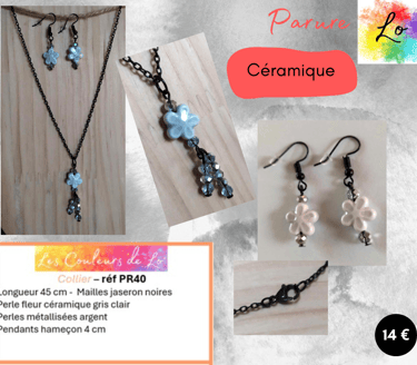 Parure noire fleur céramique gris clair cristal argenté Les Couleurs de Lo