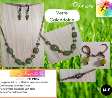 Parure cuivrée Calcédoine olive verre craquelé vert clair Les Couleurs de Lo