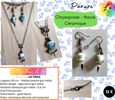 Parure gun métal Chrysoprase Nacre céramique décorée perle acier gris Les Couleurs de Lo