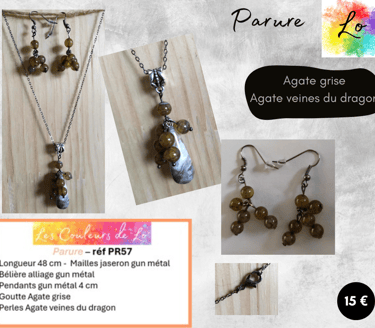 Parure gun métal Agate grise Agate veines du dragon Les Couleurs de Lo