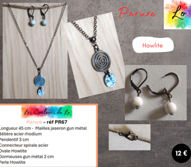 Parure gun métal spirale acier Howlite Les Couleurs de Lo